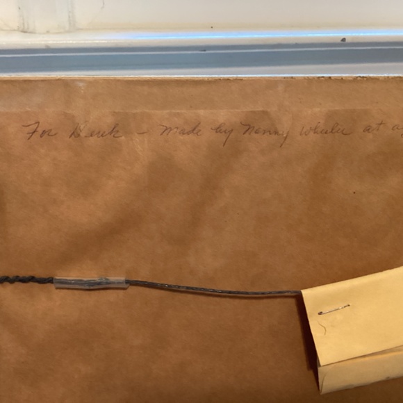 Vintage Cross stitch picture boy wooden barrel flag friendship green frame gold - Picture 7 of 8